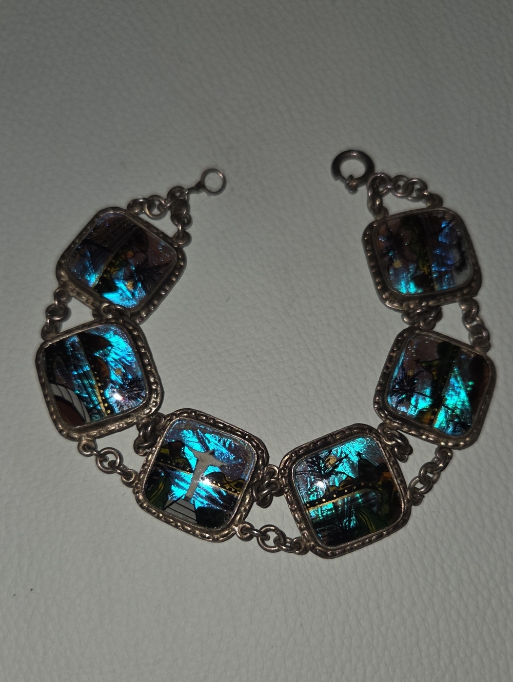 Silver Blue Iridescent Morpho Glass Link Bracelet